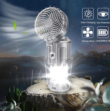 Portable Outdoor LED Camping Lantern With Fan Solar Charge Rechargeable Light Hanging Tent Lamp Fish Flashlight - SportsGO