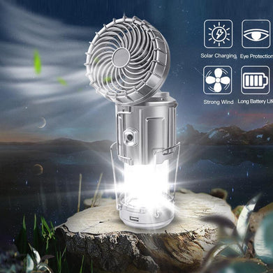 Portable Outdoor LED Camping Lantern With Fan Solar Charge Rechargeable Light Hanging Tent Lamp Fish Flashlight - SportsGO