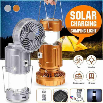 Portable Outdoor LED Camping Lantern With Fan Solar Charge Rechargeable Light Hanging Tent Lamp Fish Flashlight - SportsGO