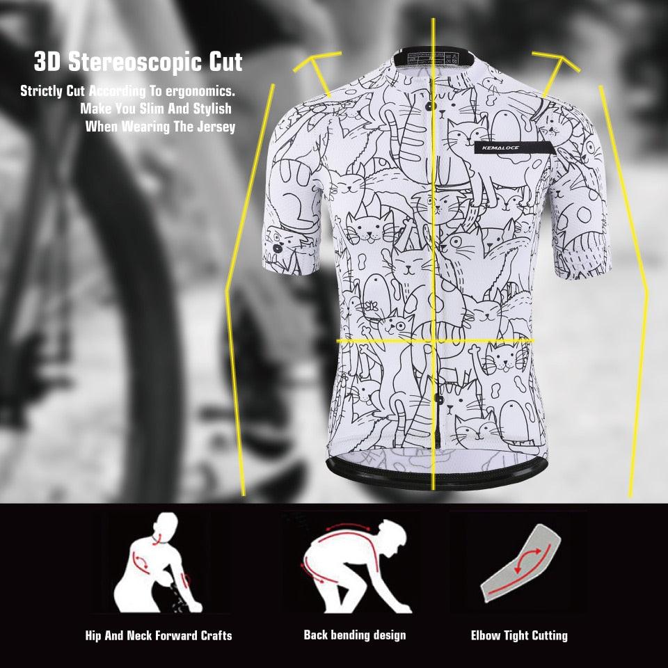 KEMALOCE Breathable Unisex White Cartoon Cat Cycling Jersey Spring Anti-Pilling Eco-Friendly Bike Clothing Top Road Team Bicycle - SportsGO