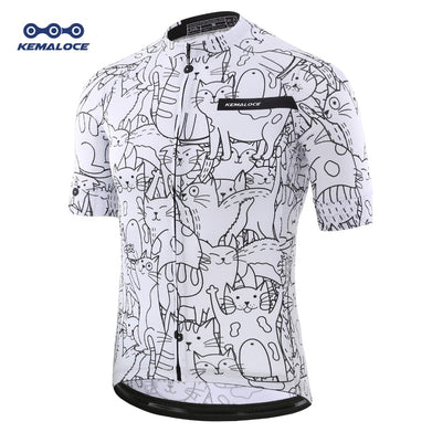 KEMALOCE Breathable Unisex White Cartoon Cat Cycling Jersey Spring Anti-Pilling Eco-Friendly Bike Clothing Top Road Team Bicycle - SportsGO