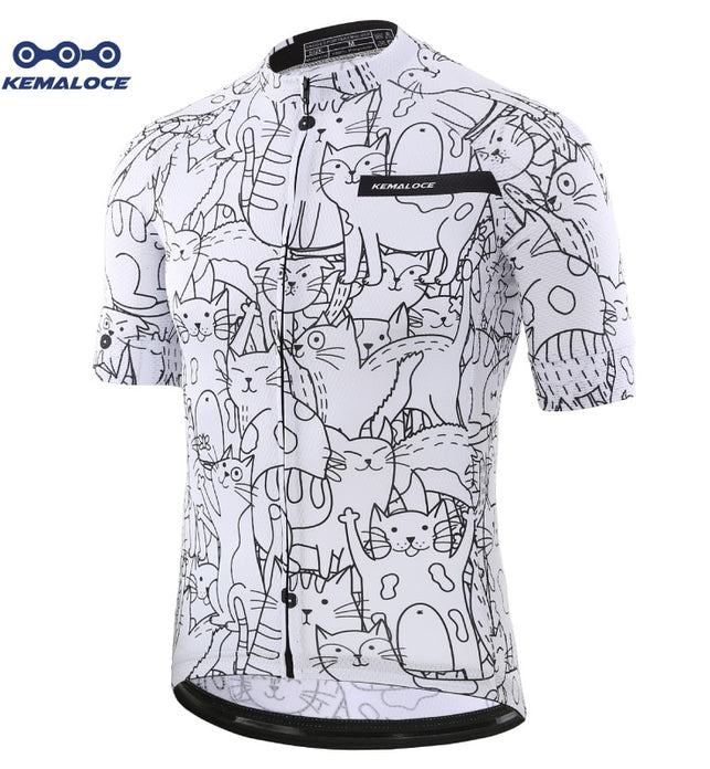 KEMALOCE Breathable Unisex White Cartoon Cat Cycling Jersey Spring Anti-Pilling Eco-Friendly Bike Clothing Top Road Team Bicycle - SportsGO