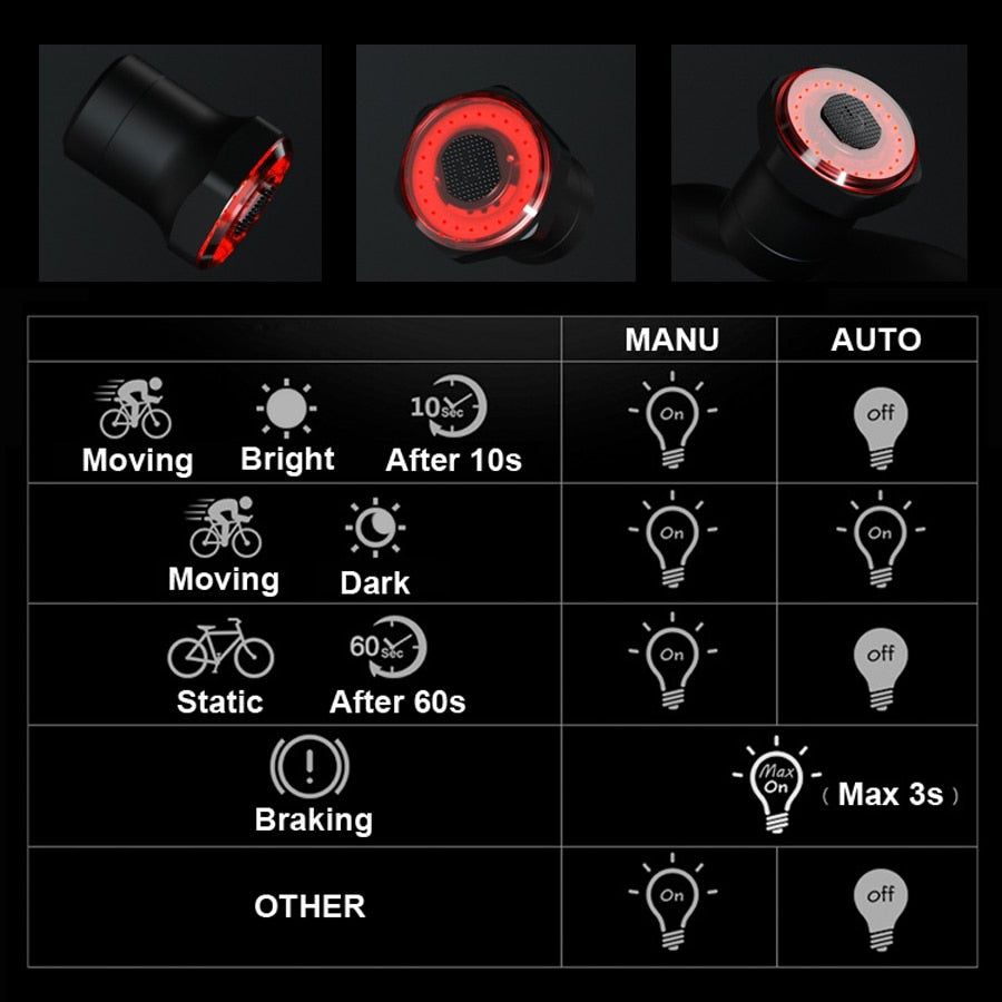 Smart Bicycle Rear Light Auto Start/Stop Brake Sensing IPx6 Waterproof USB Charge cycling Tail Taillight Bike LED Light - SportsGO