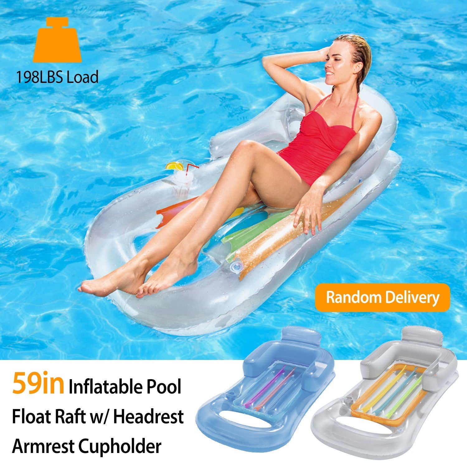 59in Inflatable Pool Float Raft w/ Headrest Armrest Cupholder Swimming Pool Lounge Air Mat Chair - SportsGO