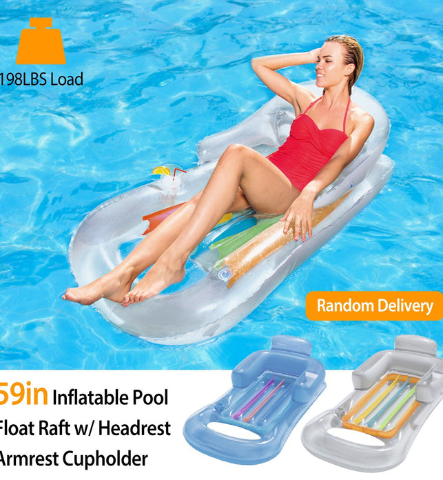 59in Inflatable Pool Float Raft w/ Headrest Armrest Cupholder Swimming Pool Lounge Air Mat Chair - SportsGO